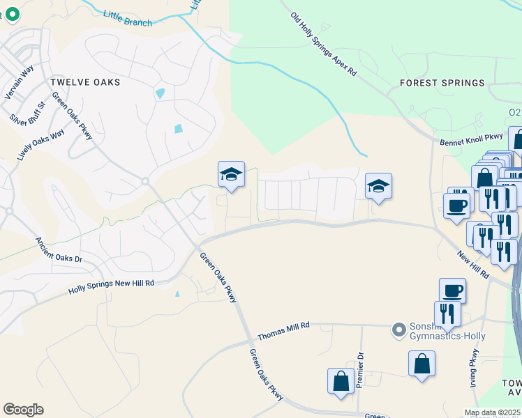 map of restaurants, bars, coffee shops, grocery stores, and more near 101 White Hill Drive in Holly Springs