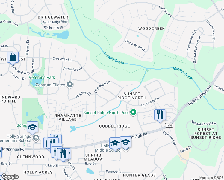 map of restaurants, bars, coffee shops, grocery stores, and more near 605 Crossway Lane in Holly Springs