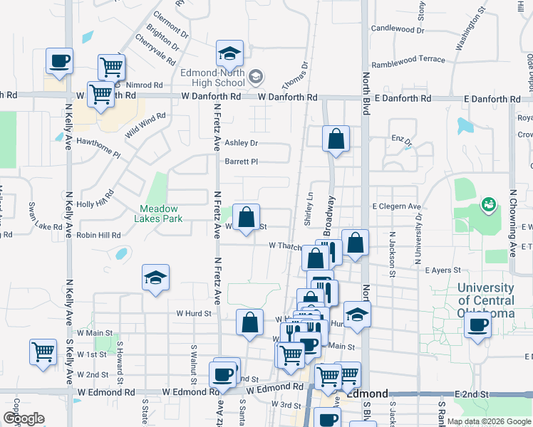 map of restaurants, bars, coffee shops, grocery stores, and more near 115 West Wayne Street in Edmond