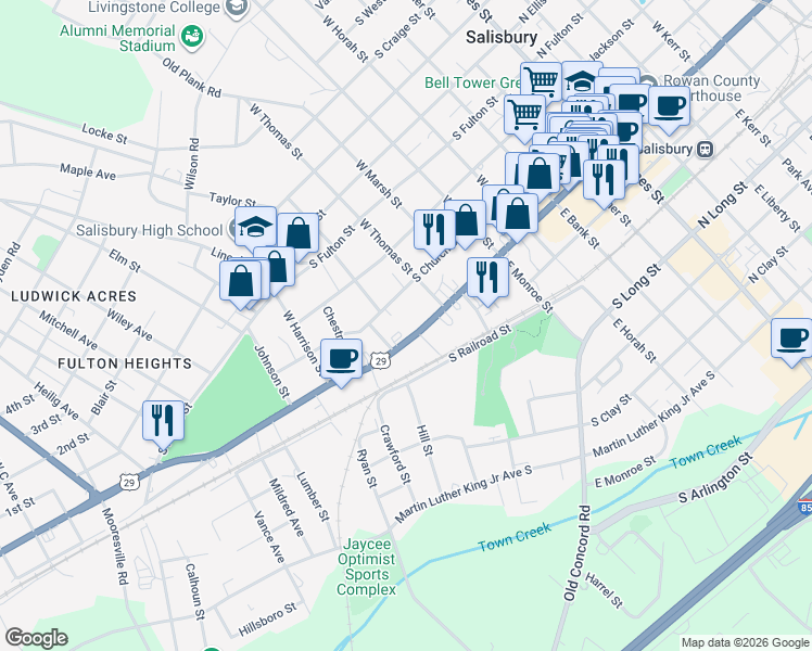 map of restaurants, bars, coffee shops, grocery stores, and more near 810 South Main Street in Salisbury