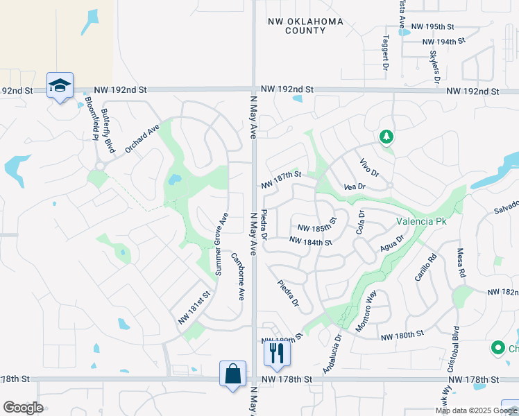 map of restaurants, bars, coffee shops, grocery stores, and more near 18516 Maidstone Lane in Edmond