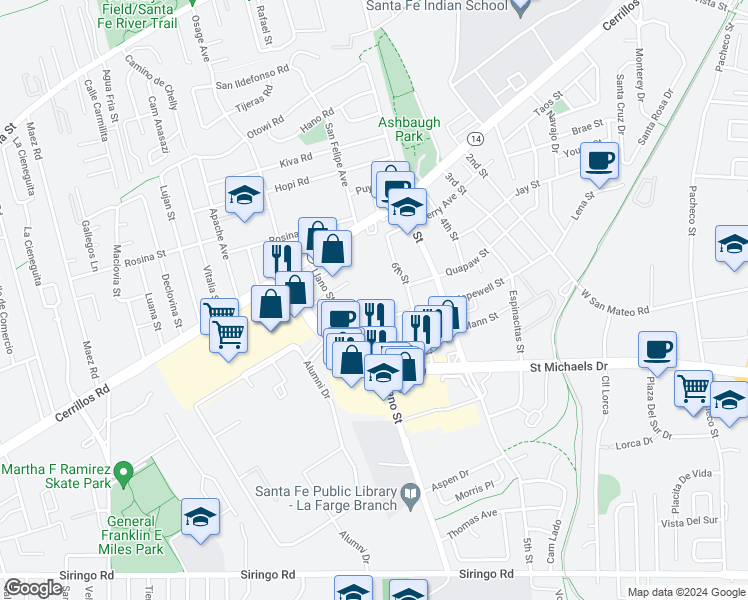 map of restaurants, bars, coffee shops, grocery stores, and more near 2001 Hopewell Street in Santa Fe