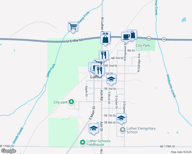 map of restaurants, bars, coffee shops, grocery stores, and more near in Luther