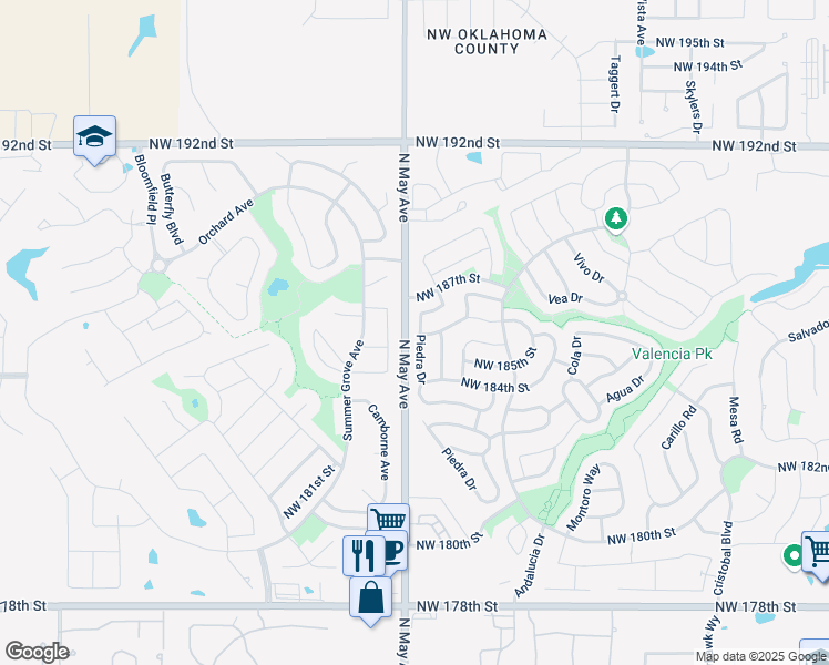 map of restaurants, bars, coffee shops, grocery stores, and more near 18516 Maidstone Lane in Edmond