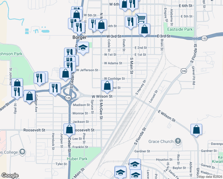 map of restaurants, bars, coffee shops, grocery stores, and more near 300-498 W Wilson St in Borger