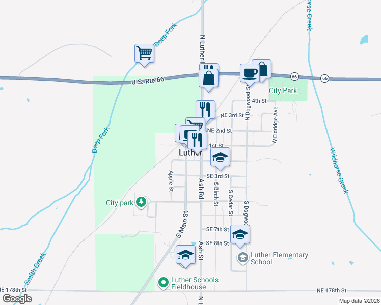 map of restaurants, bars, coffee shops, grocery stores, and more near in Luther