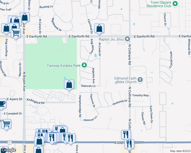 map of restaurants, bars, coffee shops, grocery stores, and more near 2360 Bay Hill Place in Edmond