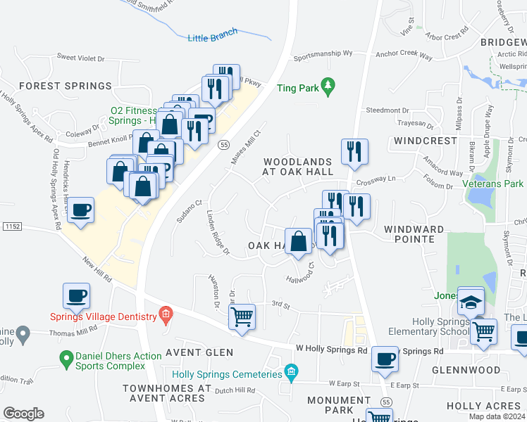 map of restaurants, bars, coffee shops, grocery stores, and more near 417 Oakhall Drive in Holly Springs