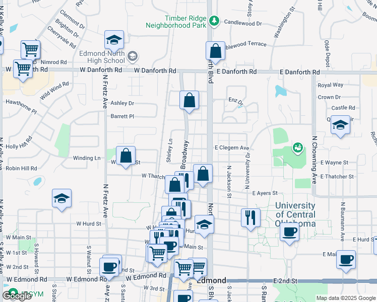 map of restaurants, bars, coffee shops, grocery stores, and more near 637 North Broadway in Edmond