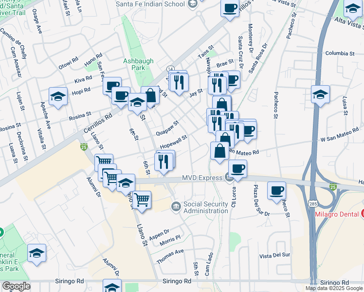 map of restaurants, bars, coffee shops, grocery stores, and more near 1762 Hopewell Street in Santa Fe