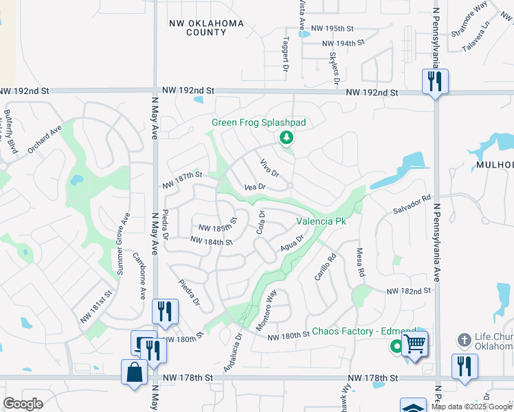 map of restaurants, bars, coffee shops, grocery stores, and more near 2533 Northwest 186th Street in Edmond