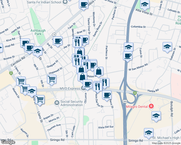 map of restaurants, bars, coffee shops, grocery stores, and more near 831 West San Mateo Road in Santa Fe
