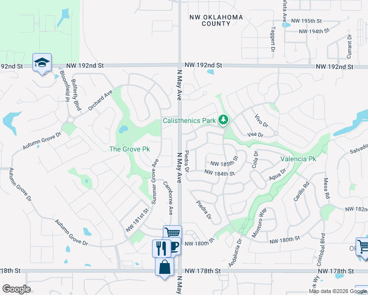 map of restaurants, bars, coffee shops, grocery stores, and more near 18712 Maidstone Lane in Edmond