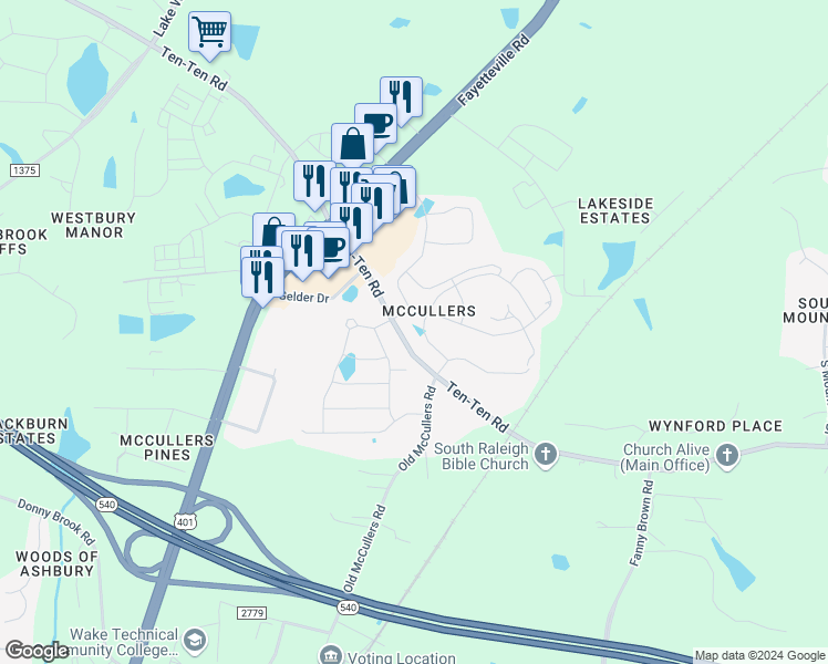 map of restaurants, bars, coffee shops, grocery stores, and more near 127 Misty Pike Drive in Raleigh