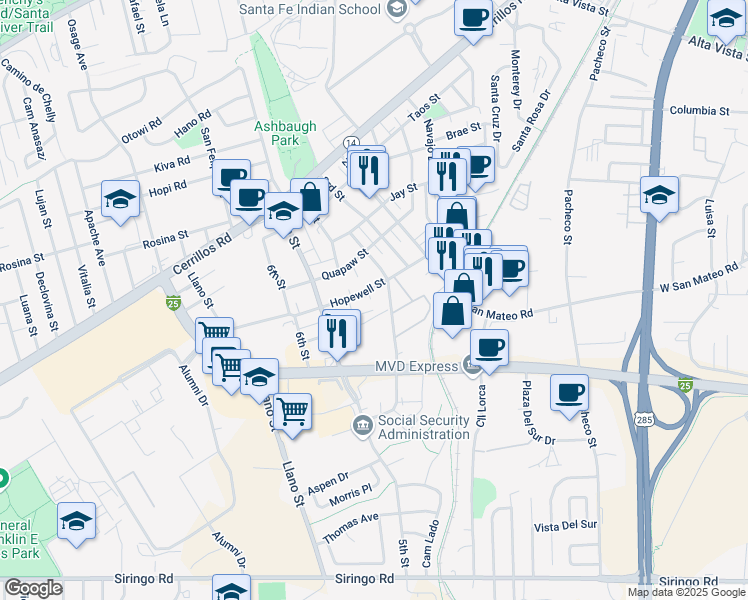 map of restaurants, bars, coffee shops, grocery stores, and more near 1760 Hopewell Street in Santa Fe