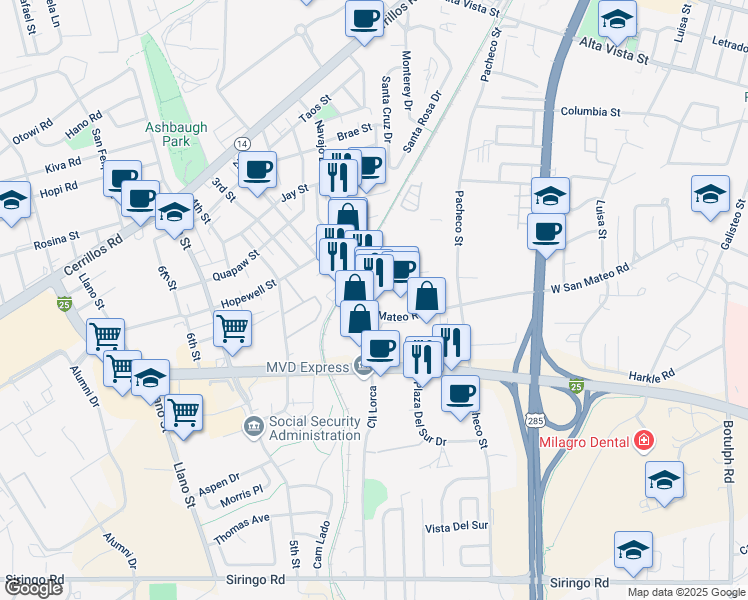 map of restaurants, bars, coffee shops, grocery stores, and more near 831 West San Mateo Road in Santa Fe