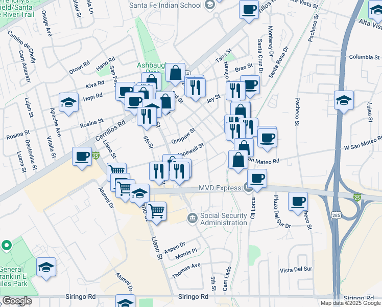 map of restaurants, bars, coffee shops, grocery stores, and more near 1768 Hopewell Street in Santa Fe