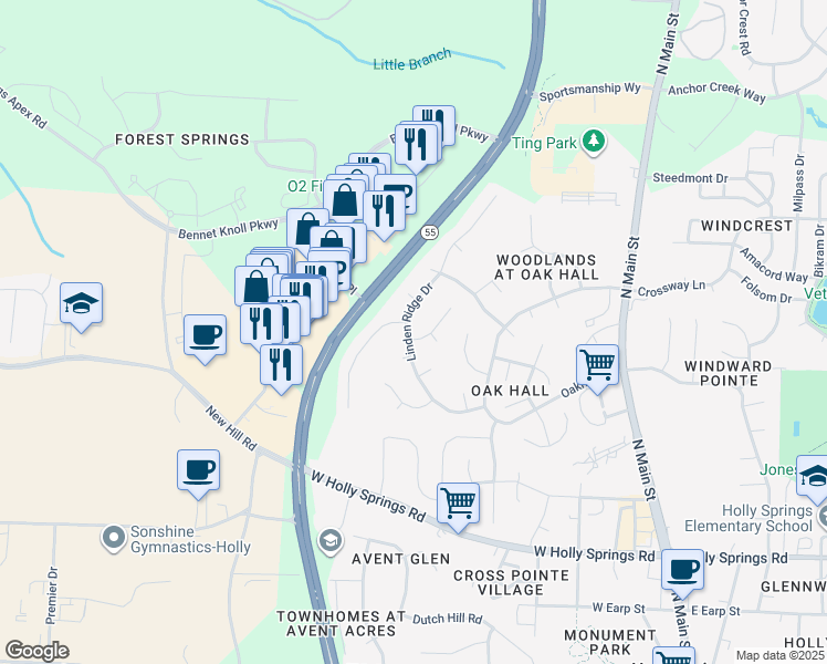map of restaurants, bars, coffee shops, grocery stores, and more near 100 Sudano Court in Holly Springs