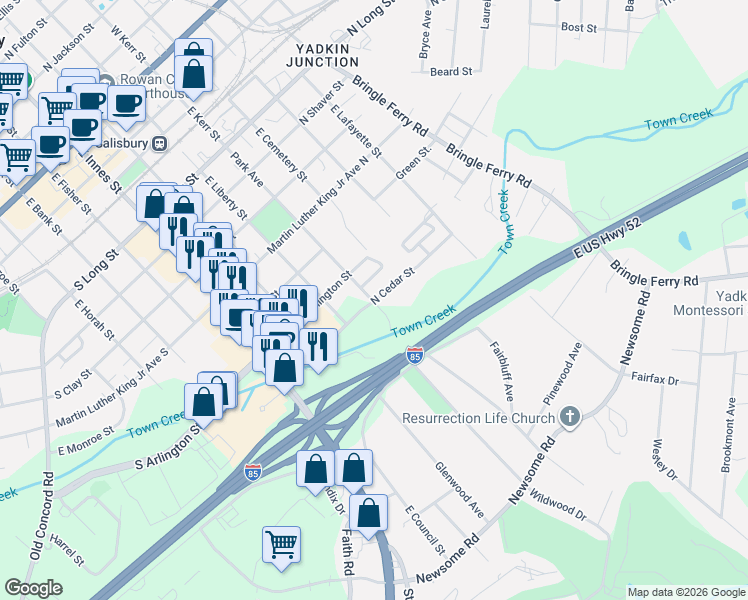 map of restaurants, bars, coffee shops, grocery stores, and more near 117 Cedar Drive in Salisbury