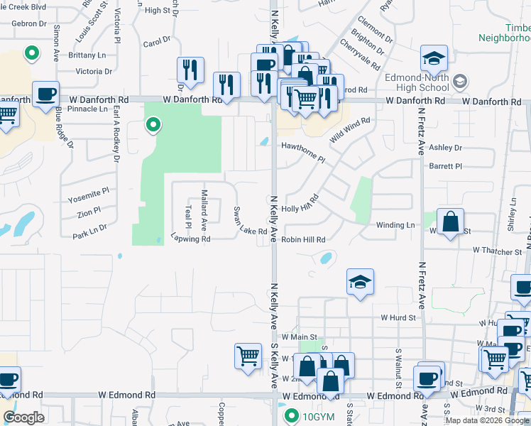 map of restaurants, bars, coffee shops, grocery stores, and more near 801 North Kelly Avenue in Edmond