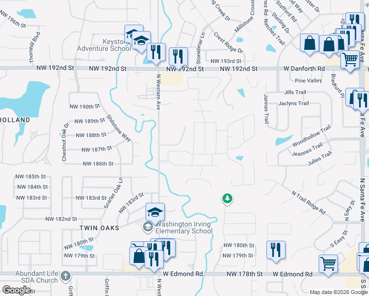 map of restaurants, bars, coffee shops, grocery stores, and more near 925 Northwest 186th Street in Edmond