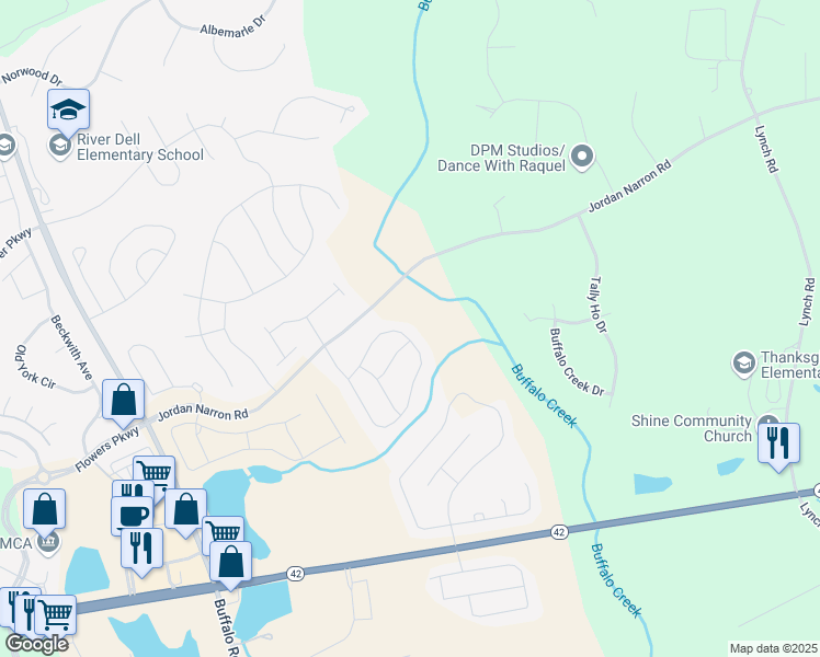 map of restaurants, bars, coffee shops, grocery stores, and more near 480 Warm Wind Drive in Clayton