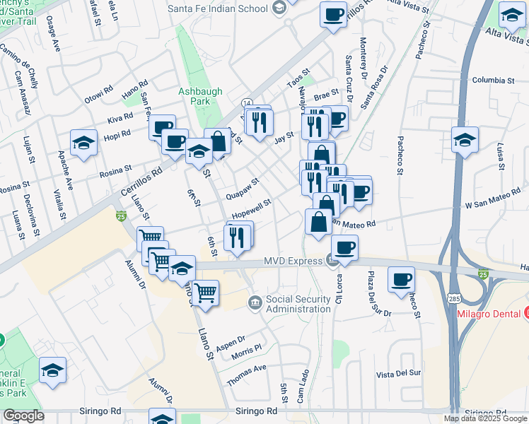 map of restaurants, bars, coffee shops, grocery stores, and more near 1758 Hopewell Street in Santa Fe