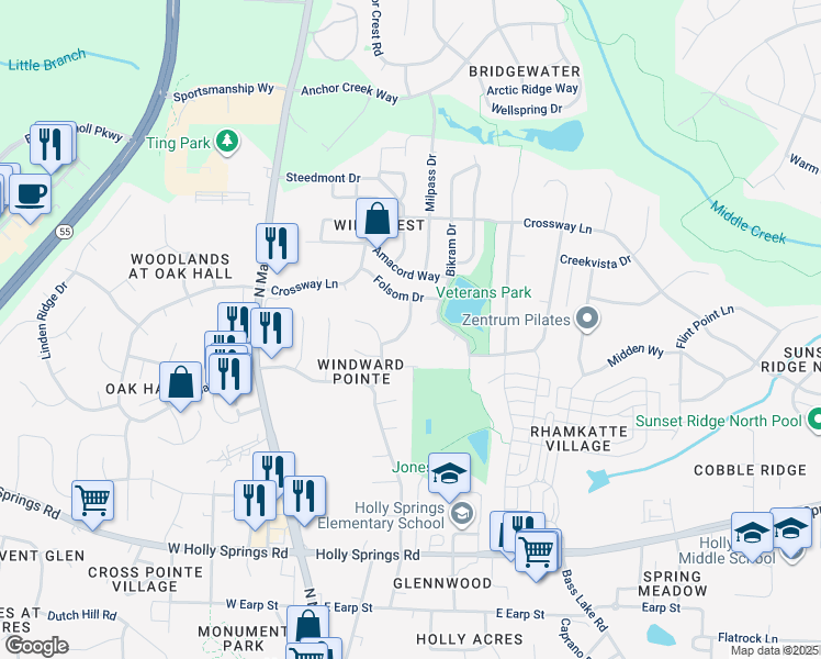 map of restaurants, bars, coffee shops, grocery stores, and more near 516 Sandy Point Way in Holly Springs