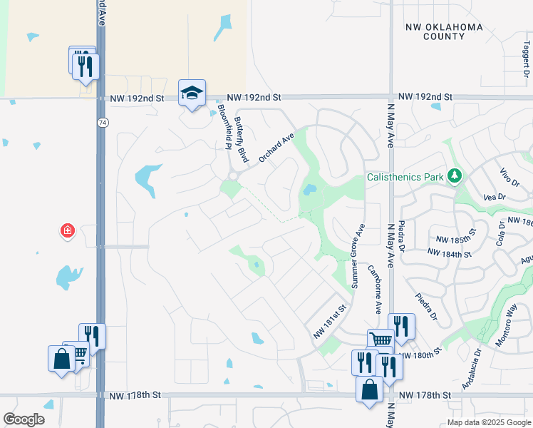 map of restaurants, bars, coffee shops, grocery stores, and more near 18700 Lazy Grove Drive in Edmond