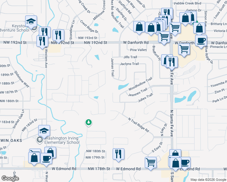map of restaurants, bars, coffee shops, grocery stores, and more near 509 Julie's Trail Circle in Edmond
