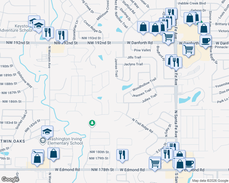 map of restaurants, bars, coffee shops, grocery stores, and more near 509 Julie's Trail Circle in Edmond