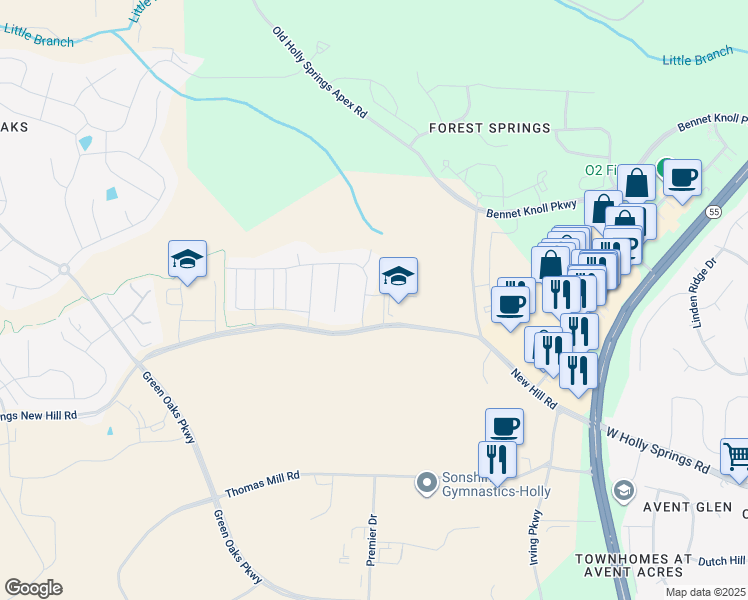 map of restaurants, bars, coffee shops, grocery stores, and more near 500 Moore Hill Way in Holly Springs