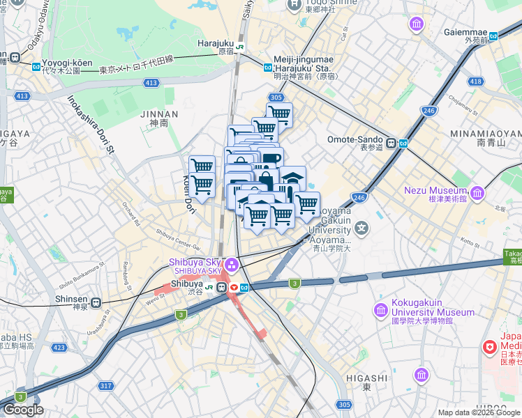 map of restaurants, bars, coffee shops, grocery stores, and more near in Shibuya