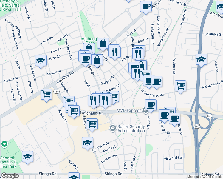 map of restaurants, bars, coffee shops, grocery stores, and more near 1772 Hopewell Street in Santa Fe