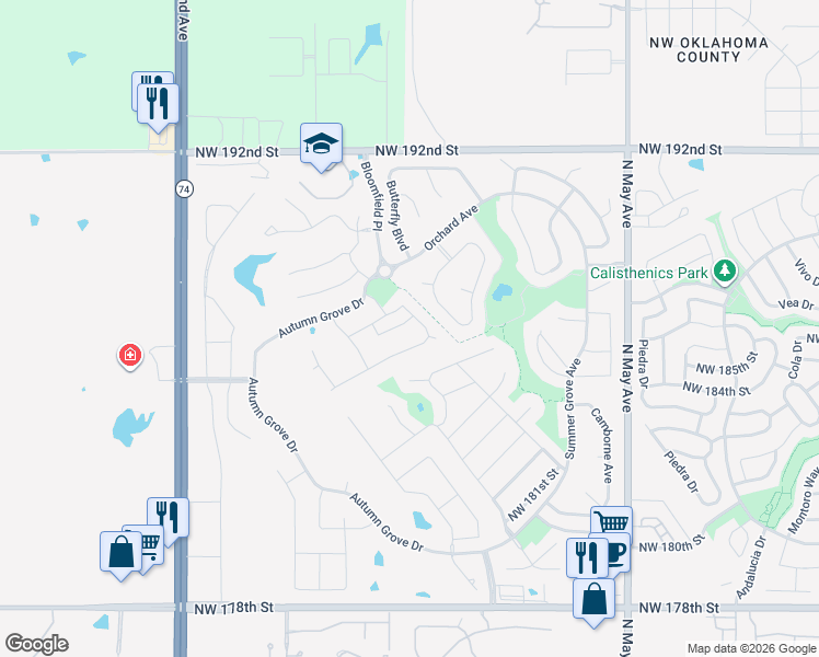 map of restaurants, bars, coffee shops, grocery stores, and more near 18841 Rolling Hill Way in Edmond