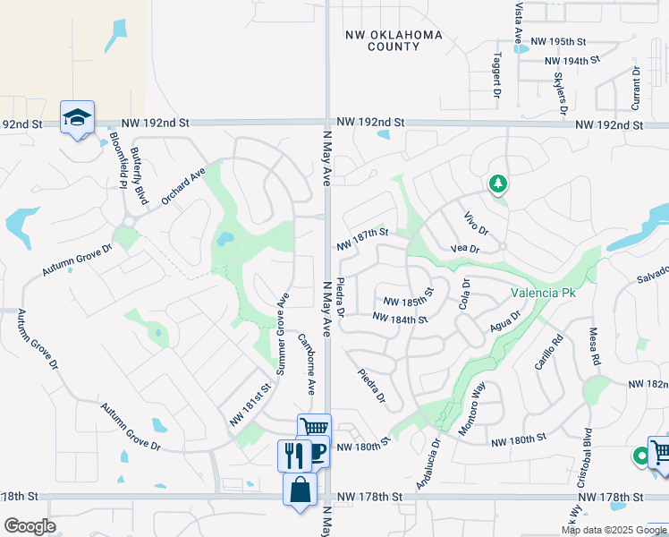 map of restaurants, bars, coffee shops, grocery stores, and more near 18709 Piedra Drive in Edmond