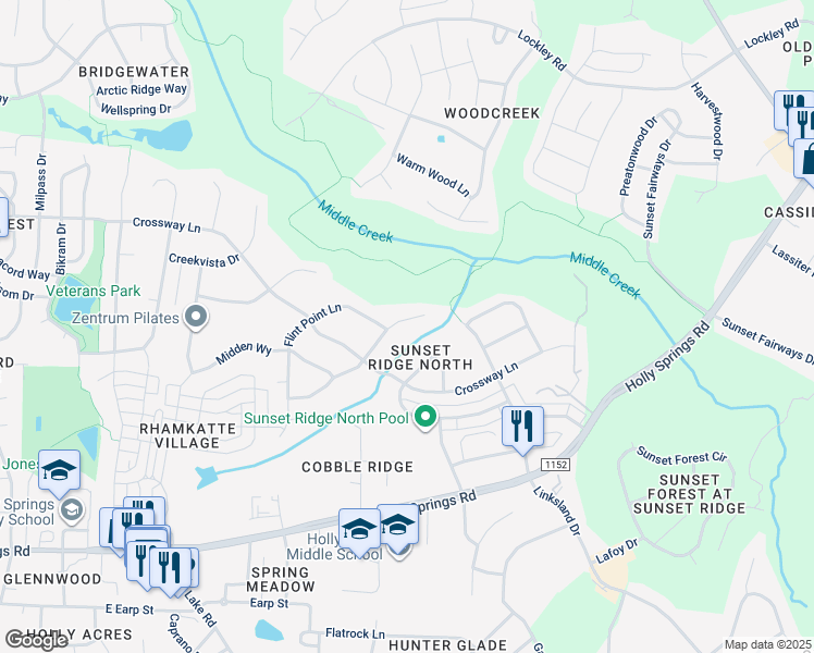 map of restaurants, bars, coffee shops, grocery stores, and more near 405 Sunset Grove Drive in Holly Springs
