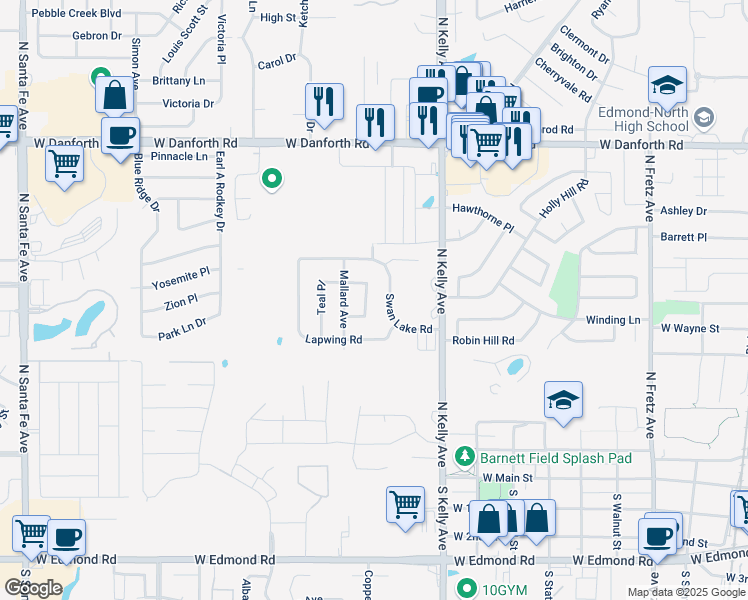 map of restaurants, bars, coffee shops, grocery stores, and more near 805 Swan Lake Road in Edmond