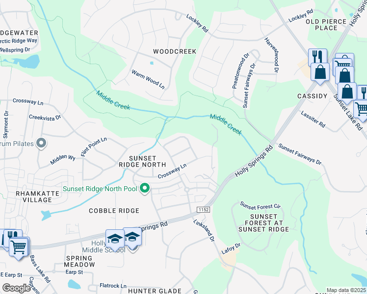 map of restaurants, bars, coffee shops, grocery stores, and more near 113 Ontario Place in Holly Springs
