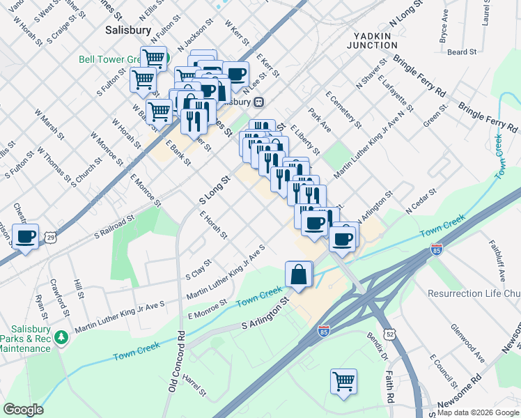 map of restaurants, bars, coffee shops, grocery stores, and more near 518 East Fisher Street in Salisbury