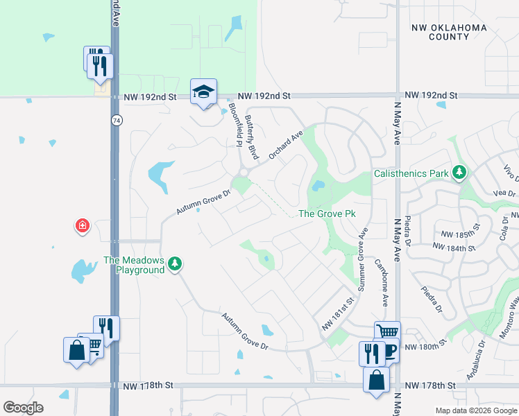 map of restaurants, bars, coffee shops, grocery stores, and more near 18841 Rolling Hill Way in Edmond