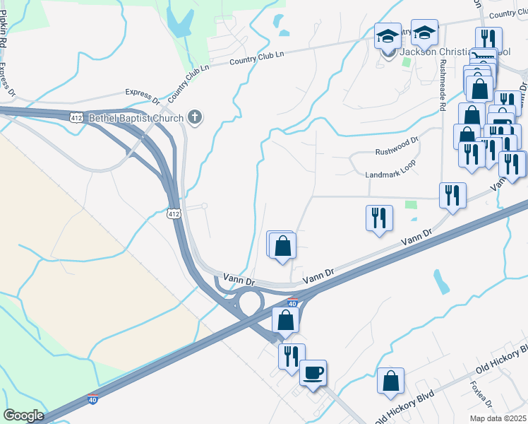 map of restaurants, bars, coffee shops, grocery stores, and more near 1111 Rushmeade Road in Jackson