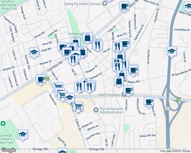 map of restaurants, bars, coffee shops, grocery stores, and more near 1764 Hopewell Street in Santa Fe