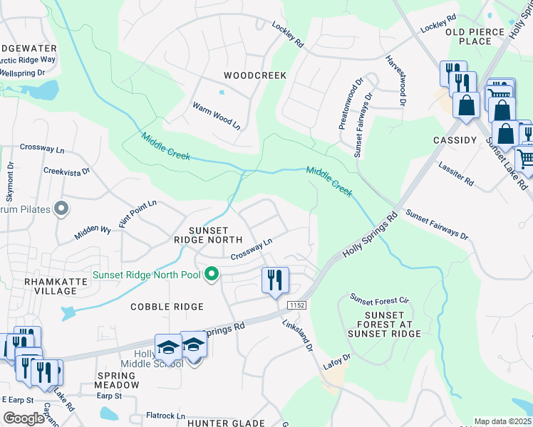 map of restaurants, bars, coffee shops, grocery stores, and more near 113 Ontario Place in Holly Springs