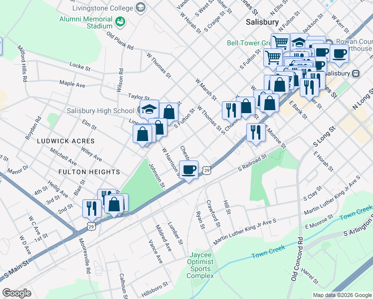 map of restaurants, bars, coffee shops, grocery stores, and more near 817 South Jackson Street in Salisbury