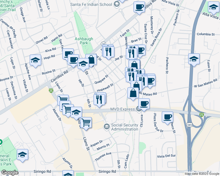 map of restaurants, bars, coffee shops, grocery stores, and more near 1754 Hopewell Street in Santa Fe