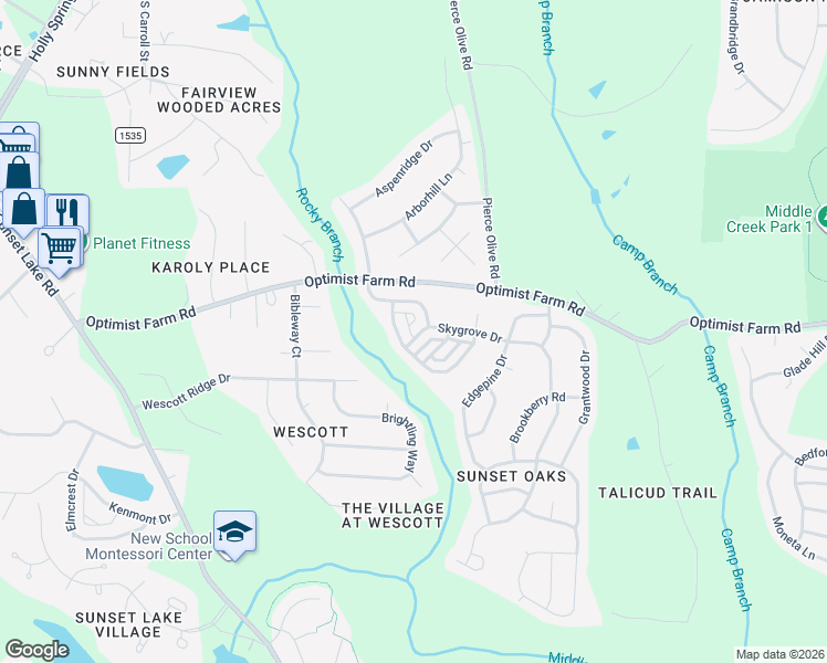 map of restaurants, bars, coffee shops, grocery stores, and more near 612 Skygrove Drive in Holly Springs