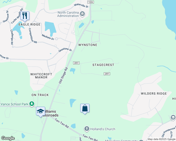 map of restaurants, bars, coffee shops, grocery stores, and more near 107 Stagecrest Drive in Raleigh