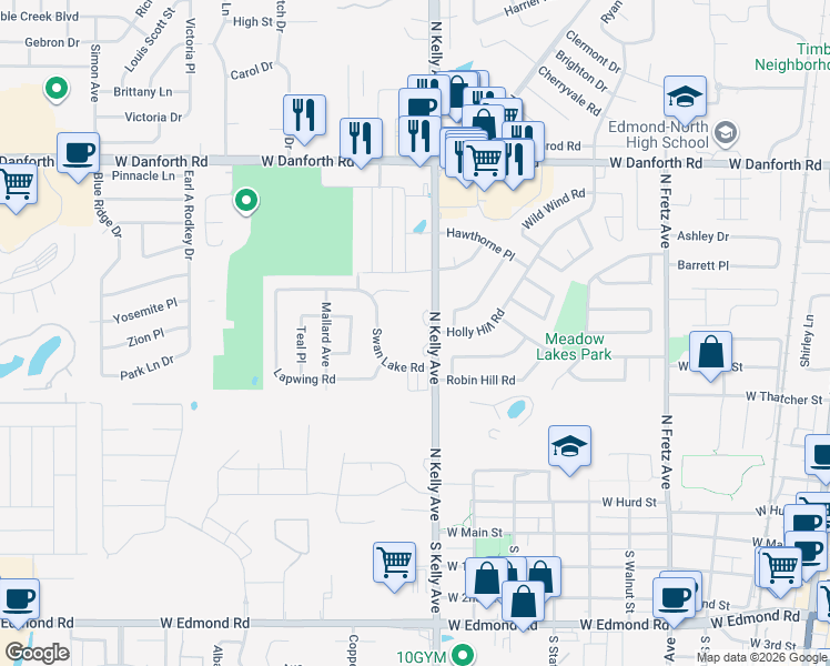 map of restaurants, bars, coffee shops, grocery stores, and more near 801 North Kelly Avenue in Edmond