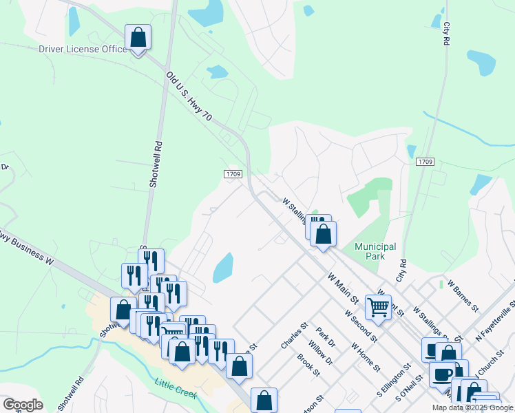 map of restaurants, bars, coffee shops, grocery stores, and more near 1131 West Main Street in Clayton